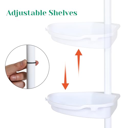 No-Drill Corner Shower Caddy Tension Pole, Rust-Resistant Bathroom Storage Organizer with 4-Tier Adjustable Shelves & Rubber Pad, 101.6''- 122'' Height, White - color: White