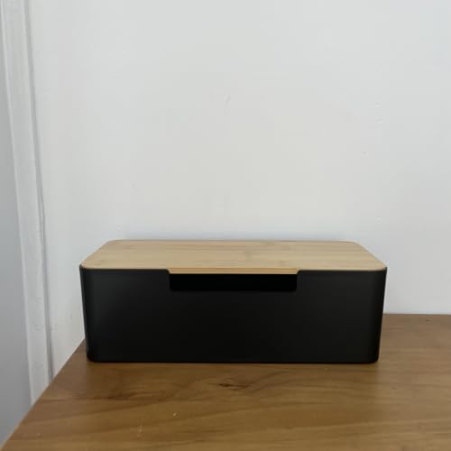 ABS Cord Organizer Box with Wooden Lid, Cable Management Box for Power Strips or Surge Protectors, Desk Cable Tidy Box for Office Home(Black) - color: Black