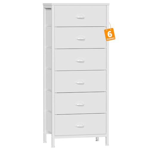 Furnulem White Tall Dresser for Bedroom,Vertical Storage Tower Unit and End Table with 6 Fabric Drawers, Nightstand Furniture with Drawer Organizer in Living Room,Closet,Entryway,Hallyway - color: White, size: 11.5"D x 16"W x 39.6"H (6 Drawers)