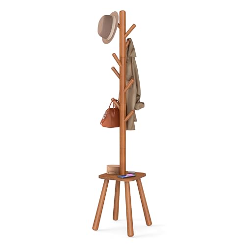 VASAGLE Coat Rack, Free Standing Coat Stand, Hall Coat Tree with 8 Hooks and Storage Shelf, 69.2 Inch Tall, for Coats, Hats, Bags, for Entryway, Hallway, Bedroom, Caramel Brown URCR033K01 - color: Caramel Brown, style: round tray