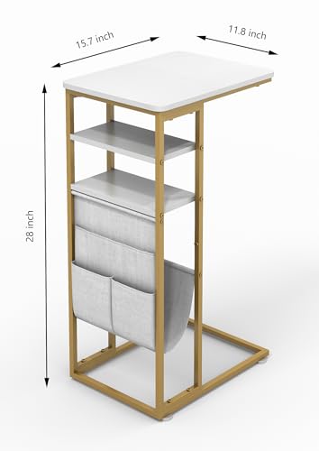 C Shaped End Table 28"(H) 3-Tier C Table with Storage Bag, Under Couch Table C-Shaped End Table with Storage Shelves and Bag for Living Room, Bedroom, or Office - color: Gold, size: Wood