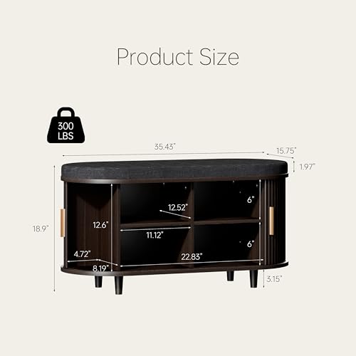 DHH 2-Tier Storage Bench,Wide Shoe Bench with Thickened Padded Seat Cushion, Mid Century Modern Fluted Sliding Door and Adjustable Shelf, for Entryway, Living Room, Bedroom (Dark Walnut, 35.4“) - color: Dark Walnut, size: 35.4 inch