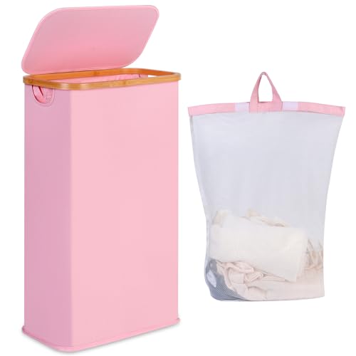 iEGrow 65L Slim Laundry Hamper, Narrow Laundry Basket with Lid,Foldable Clothes Hamper with Bamboo Handles,Hamper Basket with Removable Inner Bag for Laundry Room Bedroom College Dorm,17.17 Gals Pink - color: Pink, size: 65L