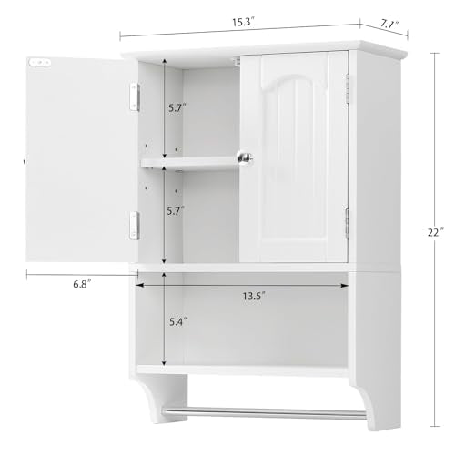 TEENFON Bathroom Wall Cabinet with Adjustable Shelves and Towel Rack, Wall Mounted Over the Toilet Storage Cabinet for Bathroom, Living Room, White UNGGX005W - color: White With Towel Bar