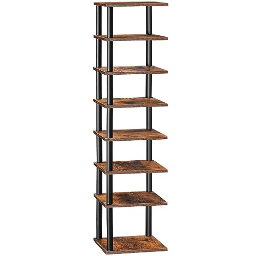 HOOBRO Vertical Shoe Rack, 8-Tier Narrow Shoe Shelf, Shoe Storage Organizer for Small Space, 11" L x 11" W x 53" H, Closet, Entryway, Hallway, Bedroom, Rustic Brown and Black BF22XJ01 - color: Rustic Brown + Black, size: 11"L x 11"W x 53"H