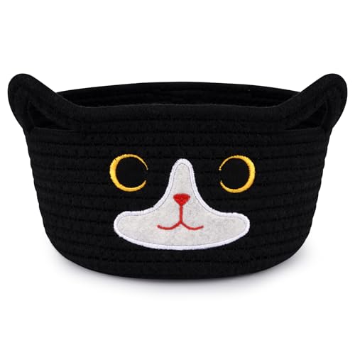 Cat Basket for Nursery, Small Storage Basket, Black Woven Rope Cotton Storage, Baby Blanket Bin with Cat Ears Handles, Animal Blanket Towel Halloween Decor Storage Bins, 8.2" x 4.7" IN - color: Black White, size: 9 × 5 inches