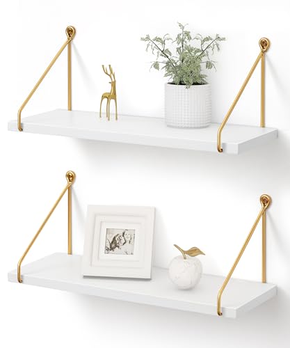 Afuly Floating Shelves for Wall, Metallic Gold White Wall Mounted Shelves, Shelves for Bathroom Kitchen Bedroom Solid Wood Metal Chic Bookshelf, Set of 2 - color: White & Gold, size: 5.7"D x 16.5"W