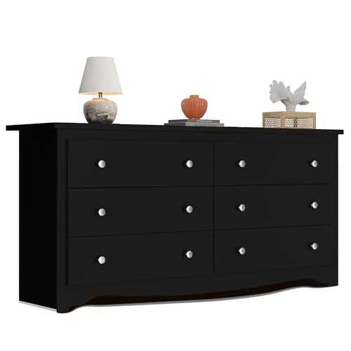 WLIVE Black Wooden Dresser for Bedroom, 6 Drawers Chest of Drawers, 59" Wide Modern Dresser Closet Storage Organizer for Living Room Hallway - color: Black, size: 6 Drawers