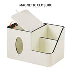 PU Leather Square Tissue Box Cover with Magnetic Closure, Tissue Holder with Storage Tray & Remote Control Organizer, for Nightstand, Living Room, Bathroom, Office Desk (White) - color: White