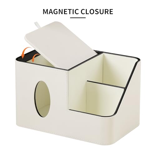 PU Leather Square Tissue Box Cover with Magnetic Closure, Tissue Holder with Storage Tray & Remote Control Organizer, for Nightstand, Living Room, Bathroom, Office Desk (White) - color: White