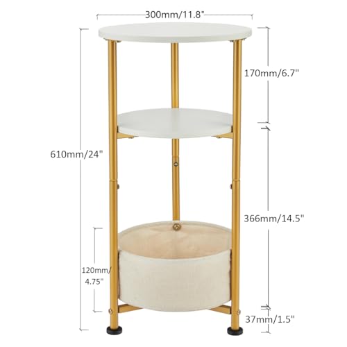 Small Round Side Table with Storage Basket, 3-Tier Narrow End Table Nightstand for Living Room Bedroom, 11.8" Diameter Modern Bedside Table for Small Spaces, Wood Grain & Metal Frame (White & Gold) - color: White & Gold