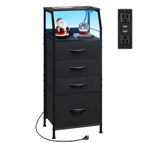 WLIVE Night Stand with Charger Station, LED Nightstand with 4 Fabric Drawers and Storage Shelf, Tall Dresser for Bedroom, 37.48" H Bedside Table with 3 USB Ports and Outlets, Black - color: Black, size: 4 Drawers