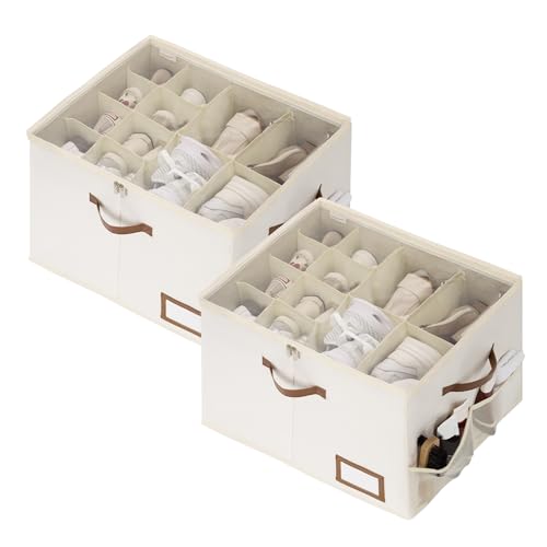 StorageWorks Shoe Organizer for Closet, 2 Pack Shoe Storage Boxes with Clear Lid, Stackable Shoe Storage Organizer for Sandals and Slippers, Fabric Shoe Bins for Closet, Holds 16–32 Pairs, Beige - color: Beige, size: Medium-2 Pack