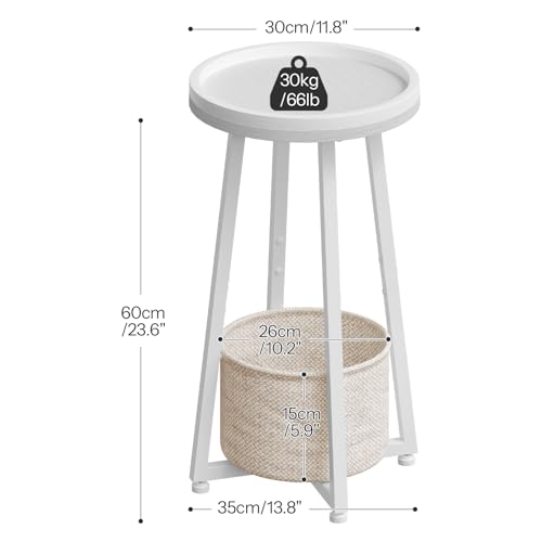HOOBRO Small Round Side Table, 2-Tier Round Sofa End Table, Compact Nightstand with Cotton Linen Storage Basket, for Small Space, Living Room, Bedroom, Dorm, White WW183BZ01 - color: White