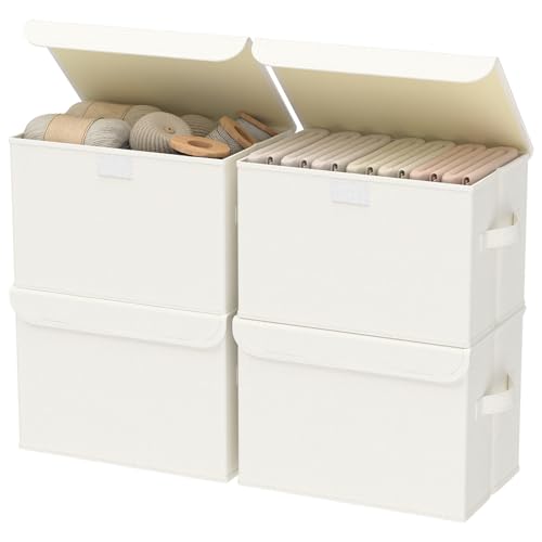 Fabric Storage Bin with Lid, Closet Boxes with Cover, Collapsible Stackable Organizer Basket with 2 Handles, for Home and Bedroom, 4 Pack, Beige, 10.2 x 7.9 x 6.7 In, XSNY12BES-4 - color: Beige, size: Small（4 Pack）