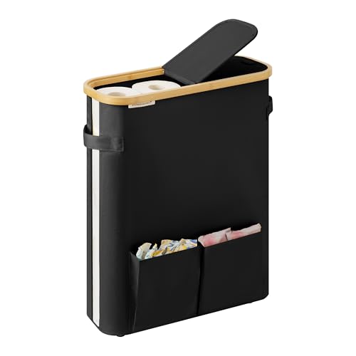 StorageWorks Toilet Paper Storage Baskets with Dual Flip Lids, Toilet Paper Organizer for Bathroom, Toilet Paper Container with Side Pocket, Holds 15 Mega or 20 Regular Rolls, Large, Black - color: Black, size: Large