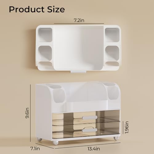 Makeup Organizer for Vanity with 2 Large Drawers, Cosmetic Display Case with Brush Holders, Easy to Storage for Bathroom Countertop Skincare, Perfume, White - color: White