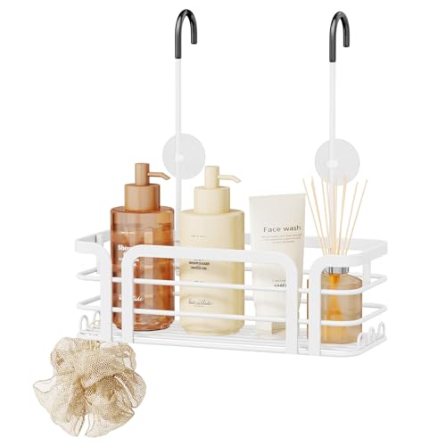 SWTYMIKI Shower Caddy Hanging Organizer - Over the Door Shower Caddy with 6 Hooks, 2 Installation Ways, Stainless Steel Rustproof Bathroom Organizer, White - color: White-1 tier