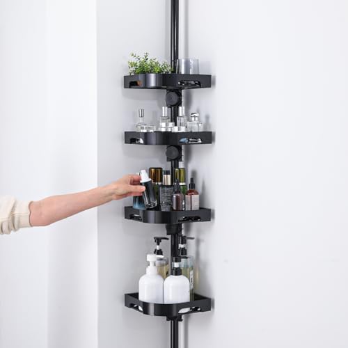 akinbas Tension Pole Shower Caddy Organizer with4 Tier L-Shaped Rust Resistant Bathroom Corner Shelves with 34-124 Inch Adjustable No Drilling Quick Install Shower Rack for Bath Essentials (Black) - color: Black, size: 4 Tier-Standard