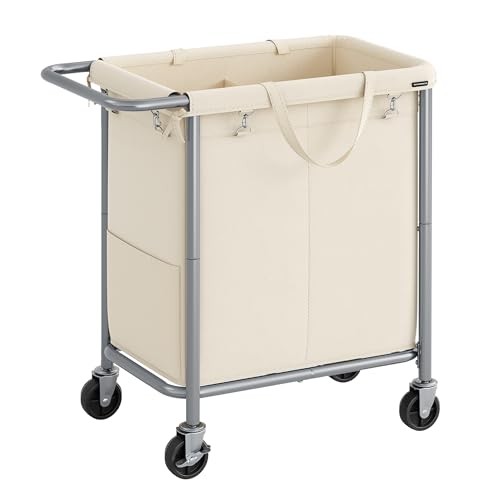SONGMICS Laundry Basket with Wheels, 2-Section Rolling Laundry Hamper, 37 Gallons (140 L), Removable Liner, Steel Frame with Handle, 27.2 x 15.4 x 31.9 Inches, Cream White URLS004W01 - color: Cream White, size: 140 L (2-Section), style: Rectangular with h