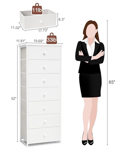 Crestlive Products Tall Dresser, 7-Drawer Fabric Storage Tower, Chests of Drawers - Vertical Organizer Unit for Bedroom, Hallway, Entryway, Nursery, Closets - Steel Frame, Wood Top & Handles (White) - color: White, style: Narrow-7 Drawers