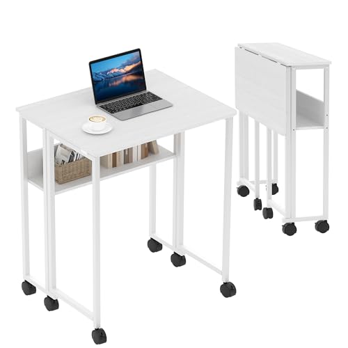 Folding Desk Small Rolling Desk with Storage Shelf,24.8 Inch Foldable Computer Table with Wheels,Portable Office Desk for Small Space Sofa Table,Easy to Fold,Writing Work Office Computer Desk,White - color: 24.8" White