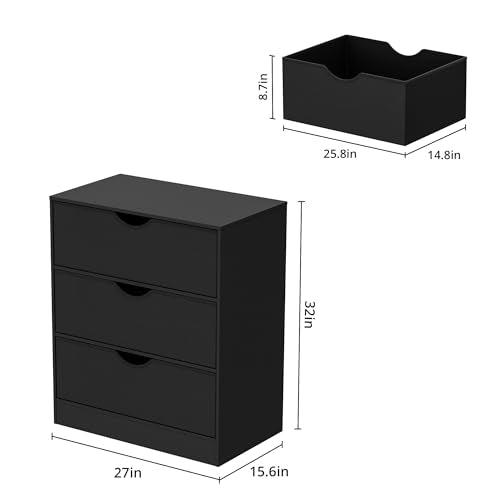 Housoul 3 Drawers Bedroom with PU Drawer and Wood Frame, Black Large Organizer, Chest of Drawers for Closet, Living Room, Hallway, Black - color: Black, size: 15.6"D x 27"W x 32"H (3 Drawers)