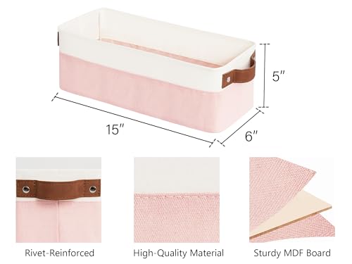 StorageWorks Narrow Storage Bins, Small Basket for Closet and Shelves, Fabric Organizer with Handles, Toilet Paper Storage, Pink and White, 2-Pack - color: Pink and White, size: 15"L x 6"W x 5"H