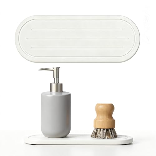 Razborci 2PCS Water Absorbing Stone Drying Tray Mat for Bathroom Sink & Kitchen Counter Faucet Organizer Decor, Quick Dry Dish Soap Dispenser Sponge Holder, Vanity Sink Caddy Coaster,White -10"*3.8" - color: 2pack-10"x 3.8" - White