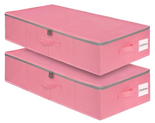 punemi Under Bed Storage Containers, Pink Underbed Storage With Rigid Side/Bottom Support, Closet Organizers And Storage Bins, Blankets Clothes Comforters Storage Bag, Dorm Room Essentials For Girls - color: Pink-2pcs, size: 6.7 inch Tall