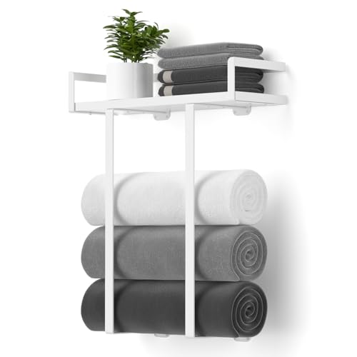 Towel Racks for Bathroom Wall Mounted, Xstydes Metal Towel Holder with Wooden Shelf for Folding Large Towels, Towel Storage for Small Bathroom Organizer Decor or RV Camping,White - color: White, size: Small