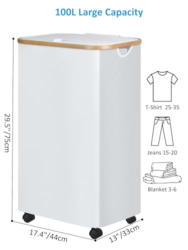 efluky Laundry Basket with Wheels, Tall Rolling Laundry Hamper with Lid and Removable Bag, Aesthetic Dirty Clothes Hamper on Wheels for Laundry Room, Bedroom, Dorm and Bathroom, 100L White - color: White, size: 100L