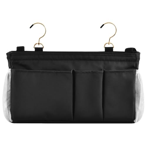 Black Bedside Caddy Storage Bag Bedside Organizer for Bed Rails College Dorm Room Organizer Caddy Hanging Shelf 6 Pockets with Hooks for Drinks Magazine Phone Holder - color: Black