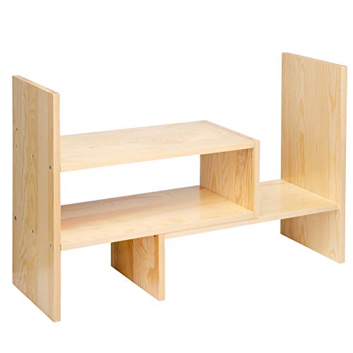 VERGOODR Desktop Organizer Office Storage Rack Adjustable Natural Wood Display Book Shelf Stand Rack Wood Caddy Desk Organizer Set Office Storage Expandable Tabletop - color: Beige