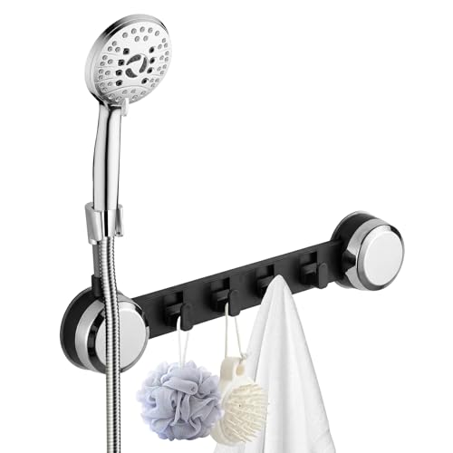 No Drill Adhesive Shower Caddy, Reusable Wall Mount Organizer with Adjustable Shower Head Holder, 20 LBS Max Load Rustproof Bathroom Storage Rack with 4 Hooks, Polished Chrome - color: Polished Chrome