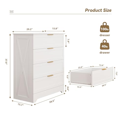 White 4 Drawer Dresser for Bedroom, Tall Bedroom Dresser with Large Drawer & Golden Handles, Wooden Storage Organizer Cabinet Chest of Drawer for Closet, Living Room, Hallway, Children's Room - color: White