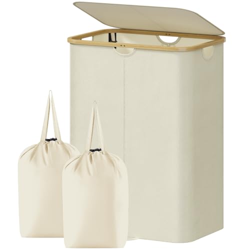 Lifewit 170L Double Laundry Hamper with Lid, Large Laundry Basket with Removable Bag & Bamboo Handles, Fodable Tall Dirty Clothes Hamper for Laundry Collapsible Bin for Bathroom Bedroom Dorm, Beige - color: Beige, size: 170L