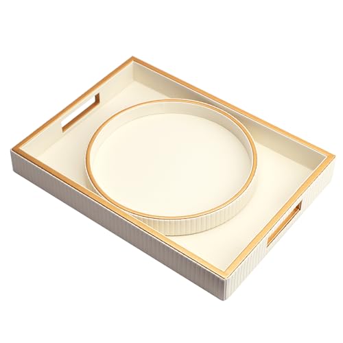 SANZIE Leather Tray Desktop Storage Organizer Premium Serving Trays Decorative Tray Valet Tray for Sundries Cosmetics Phone Wallet Cutlery (White Holder with Disc) - color: White Holder With Disc