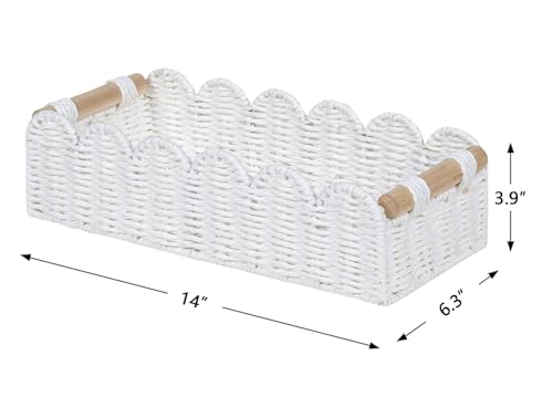 CubesLand Scalloped Edge Toilet Paper Storage Basket, Living Room Home Cozy Decor Basket, Paper Rope Small Baskets for Over Toilet Storage Shelf, End Table, Shelves, with 2 Wooden Handles, White - color: White, size: M - 14"L x 6.3"W x 3.9"H