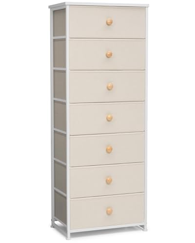 Crestlive Products Tall Dresser, 7-Drawer Fabric Storage Tower, Chests of Drawers - Vertical Organizer Unit for Bedroom, Hallway, Entryway, Nursery, Closets - Steel Frame, Wood Top & Handles (Beige) - color: Beige, style: Narrow-7 Drawers