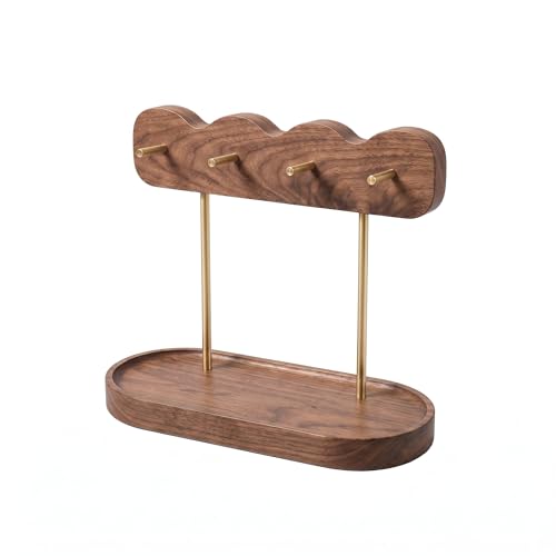Luxury Walnut Wood Key Stand – Wave-Designed Entryway Organizer with 4 Gold Hooks, Multi-Functional Valet Tray for Keys, Jewelry & Accessories, Minimalist Decor for Entry Table