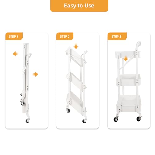 3-Tier Folding Rolling Utility Cart with Wheels, Foldable Storage Cart Organizer with 3 Hanging Cups & 6 Hooks for Kitchen, Office, Living Room, Nursery(White) - color: White