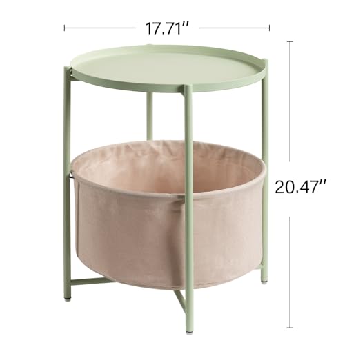 danpinera Round Side Table with Fabric Storage Basket, Metal Side Table Small Bedside Nightstand with Removable Tray Top for Living Room, Bedroom, Nursery, Laundry, Light Green - color: Light Green