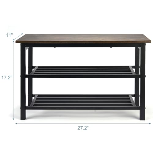 Shoe Bench, 3-Tier Shoe Rack, Industrial Shoe Organizer Storage Bench, 27.2'' Bench with Metal Shelves, for Entryway, Living Room, Hallway, Easy Assembly, 300lb Capacity - Rustic Brown - size: 3-Tier Shoe Bench (Metal Shelves）