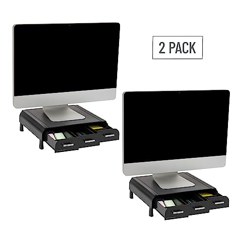 Mind Reader Monitor Stand, 3 Storage Drawers, Desktop Organizer, Riser, Office, 13.5"L x 13"W x 4"H, Set of 2, Black - size: 2 Pack