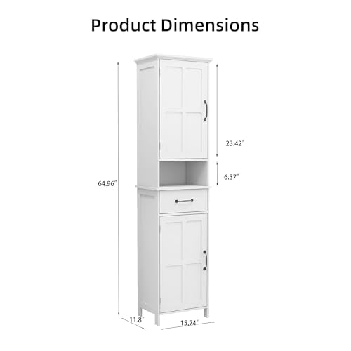 Casaphoria Tall Bathroom Storage Cabinet, 65" H Narrow Floor Cabinet with 2 Barn Doors and 1 Drawer, Freestanding Linen Tower with Adjustable Shelves, Anti-Tipping, White - size: 15.74"L×11.8"W×64.96"H