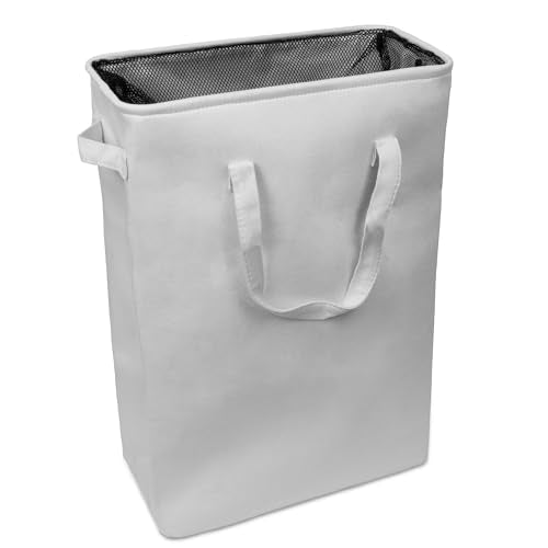 Brookstone Slim Laundry Hamper Bag with Handles, Linen Canvas Laundry Bag with Closable Mesh Top for Dorm Room Storage