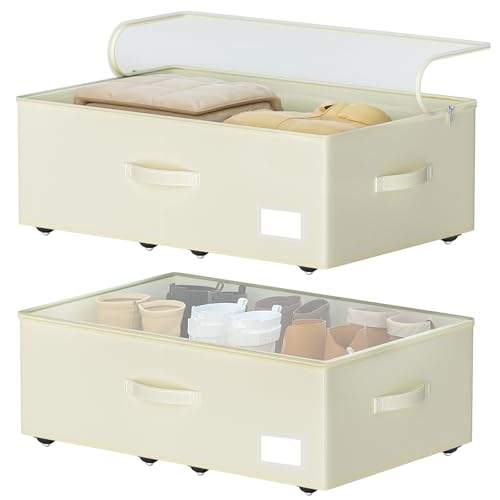 EE-RoomWorld Under Bed Storage with Wheels, No Assemble Required 12 inches height Under Bed Storage bins,Large capacity Rolling Underbed Shoe Storage containers，dorm underbed storage drawers - color: Beige, size: 12 inch height