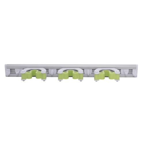 Pine-Sol Mop and Broom Holder - Hanging Wall Mount Storage Rack with 3 Slots and 6 Hooks - Adjustable Cleaning Tool Organizer for Garage, Kitchen, and Utility Closet