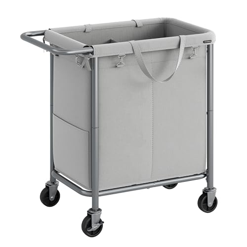SONGMICS Laundry Basket with Wheels, 2-Section Rolling Laundry Hamper, 37 Gallons (140 L), Removable Liner, Steel Frame with Handle, 27.2 x 15.4 x 31.9 Inches, Dove Gray URLS004G01 - color: Dove Gray, size: 140 L (2-Section), style: Rectangular with handl